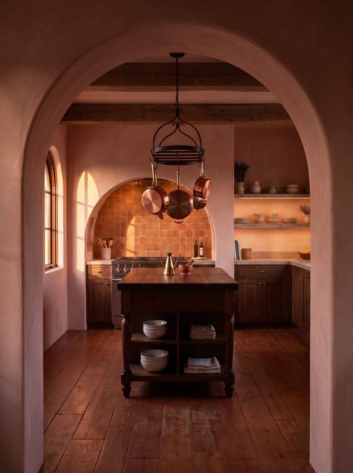 Arched terracotta kitchen alcove shown in bright daylight and warm evening ambient lighting.