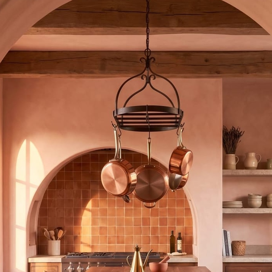 Close-up of hanging copper cookware against a rust-red textured tile backsplash.