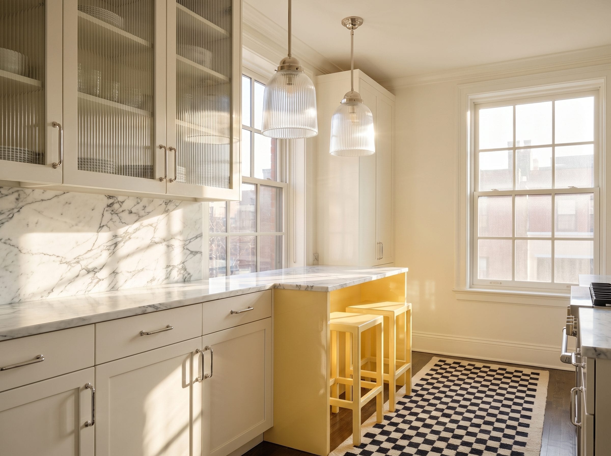 A warm butter-yellow kitchen alcove with polished white marble surfaces, reeded glass upper cabinet doors, straight polished nickel drawer pulls, and a ribbed glass pendant light.