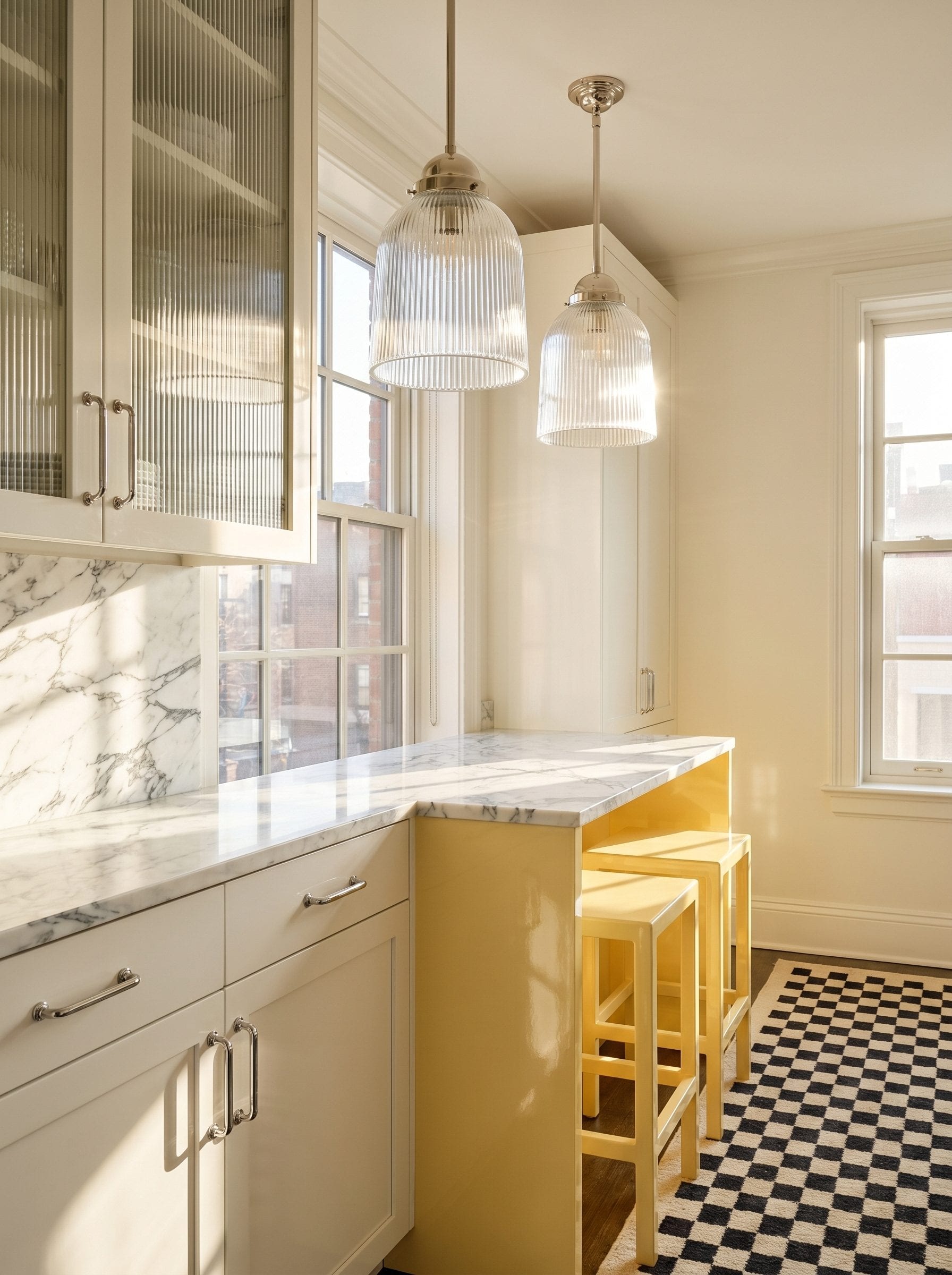 Butter yellow kitchen alcove styled with white marble countertops sweeping into a slab backsplash, reeded glass cabinet door panels, polished nickel bar pulls, and a fluted glass pendant light.