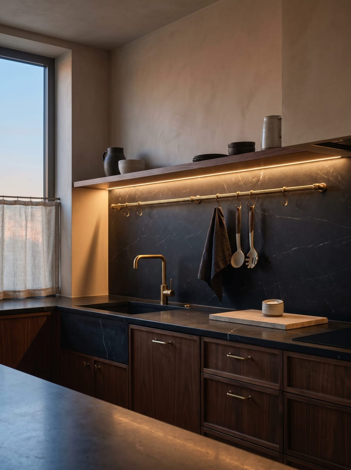 Warm moody kitchen featuring custom walnut cabinets, deep charcoal black soapstone countertops and matching slab backsplash, a matte black farmhouse sink with a brushed brass pull-down faucet, a brass wall rail with S-hooks holding culinary tools, and a semi-sheer oatmeal linen cafe curtain.