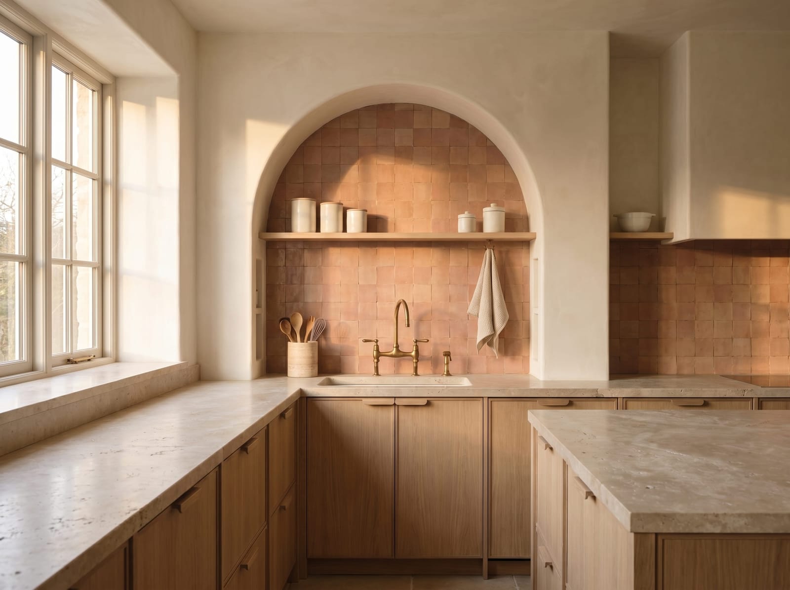 Horizontal view of the warm organic kitchen showing the recessed arched sink niche lined in pink-terracotta zellige tiles.