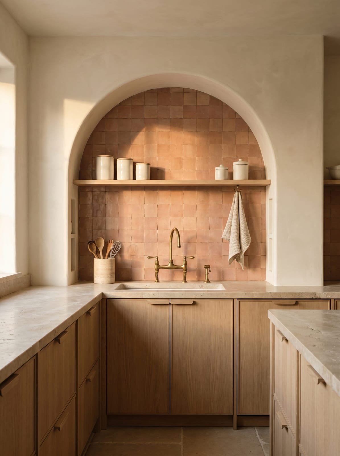Warm organic kitchen with a recessed arched sink niche lined in glossy pink-terracotta zellige tiles, a brushed brass gooseneck bridge faucet with side sprayer, light white oak cabinets with flush wood pulls, a natural travertine utensil crock, speckled cream ceramic canisters on a floating shelf, and a terracotta waffle-weave kitchen towel on a brass hook.