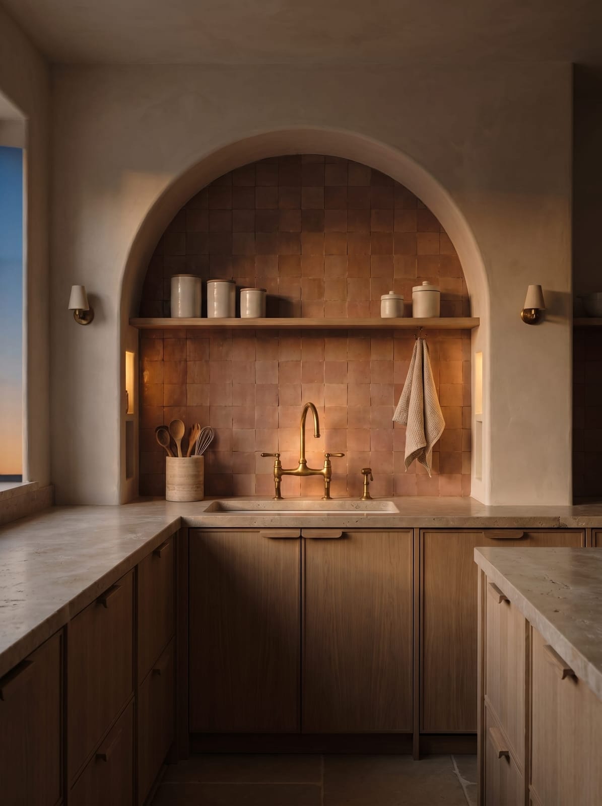Arched terracotta zellige kitchen sink niche with brushed brass bridge faucet, shown under natural daytime window light and warm dusk shelf backlighting.