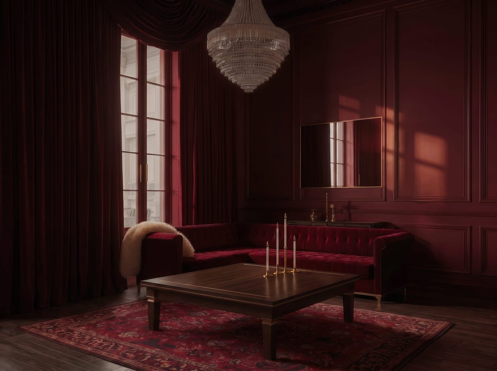 Horizontal card view of the moody burgundy velvet parlor lounge highlighting the tiered chandelier, gold-legged sectional sofa, and walnut coffee table.