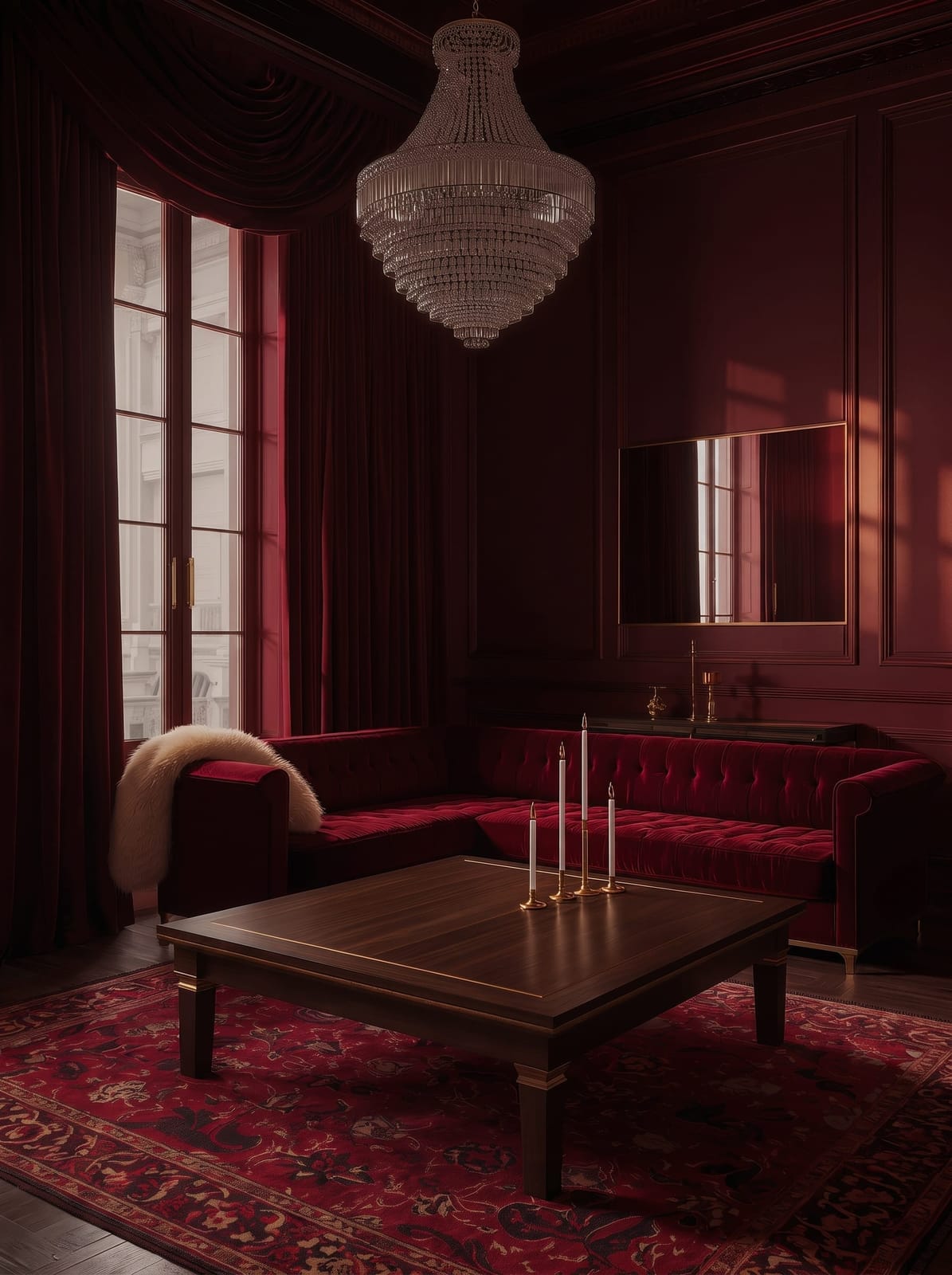 Warm moody parlor lounge with deep wine red walls, a burgundy velvet L-shaped chesterfield sectional sofa, a tiered crystal empire chandelier, a thin brass-framed rectangular wall mirror, a low rectangular walnut coffee table holding solid brass candlestick holders, and an intricate red Persian area rug.