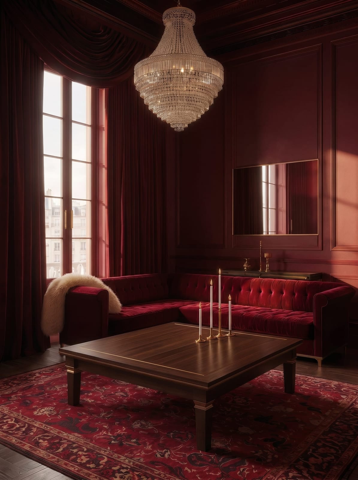 Formal moody parlor lounge with burgundy velvet sectional and crystal chandelier shown in natural daylight and warm ambient candlelight at night.