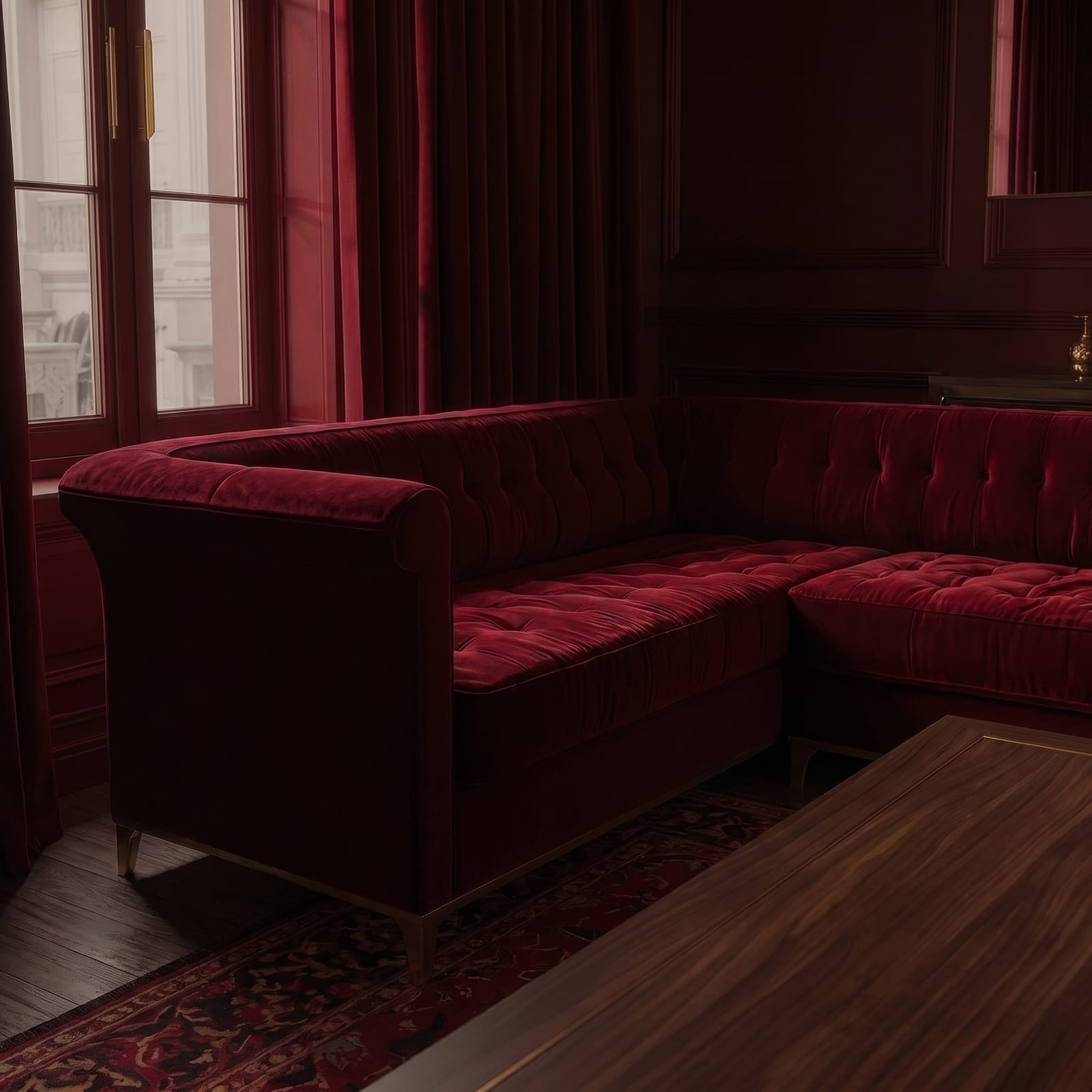Mercer41 106" Chesterfield Sectional (Burgundy Velvet)
