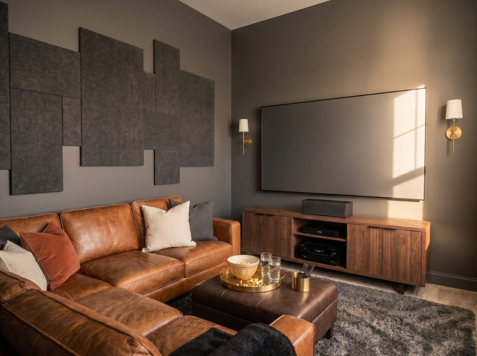 Horizontal view of the dark media room featuring the cognac leather sectional, acoustic panels, and low walnut media console.