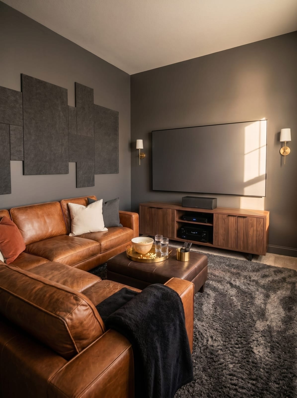 Dark media room with charcoal walls, cognac leather sectional sofa, walnut media console beneath a wall-mounted television, satin brass wall sconces with white fabric shades, staggered grey felt acoustic panels, a square chestnut leather ottoman, and a charcoal shag rug.