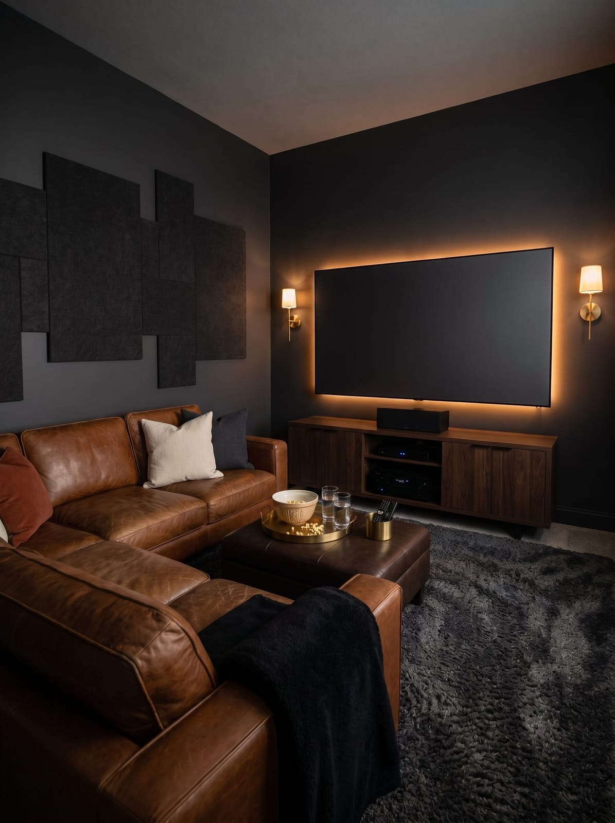 Cozy dark media room with cognac leather sectional and walnut console, shown in natural daylight and warm brass sconce lighting at dusk.
