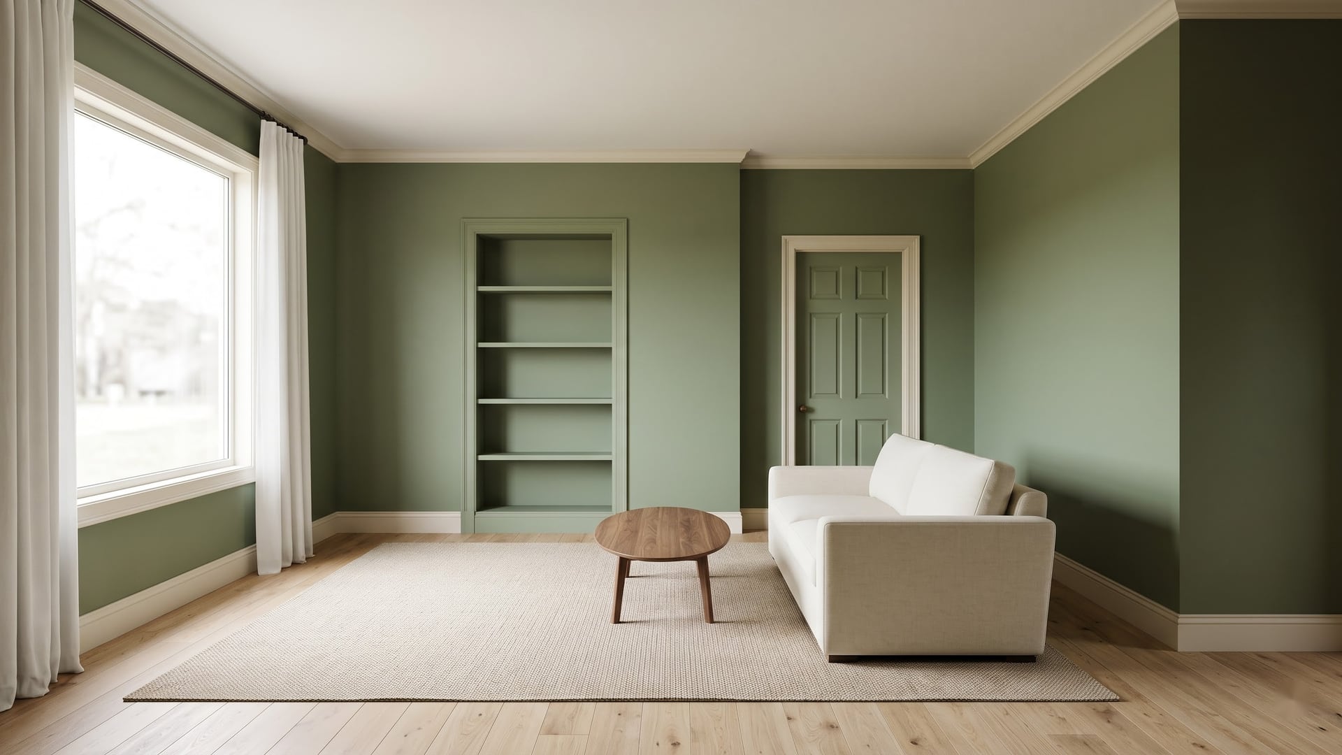 Sage on the walls can make cream seating look brighter and the timber floor warmer.