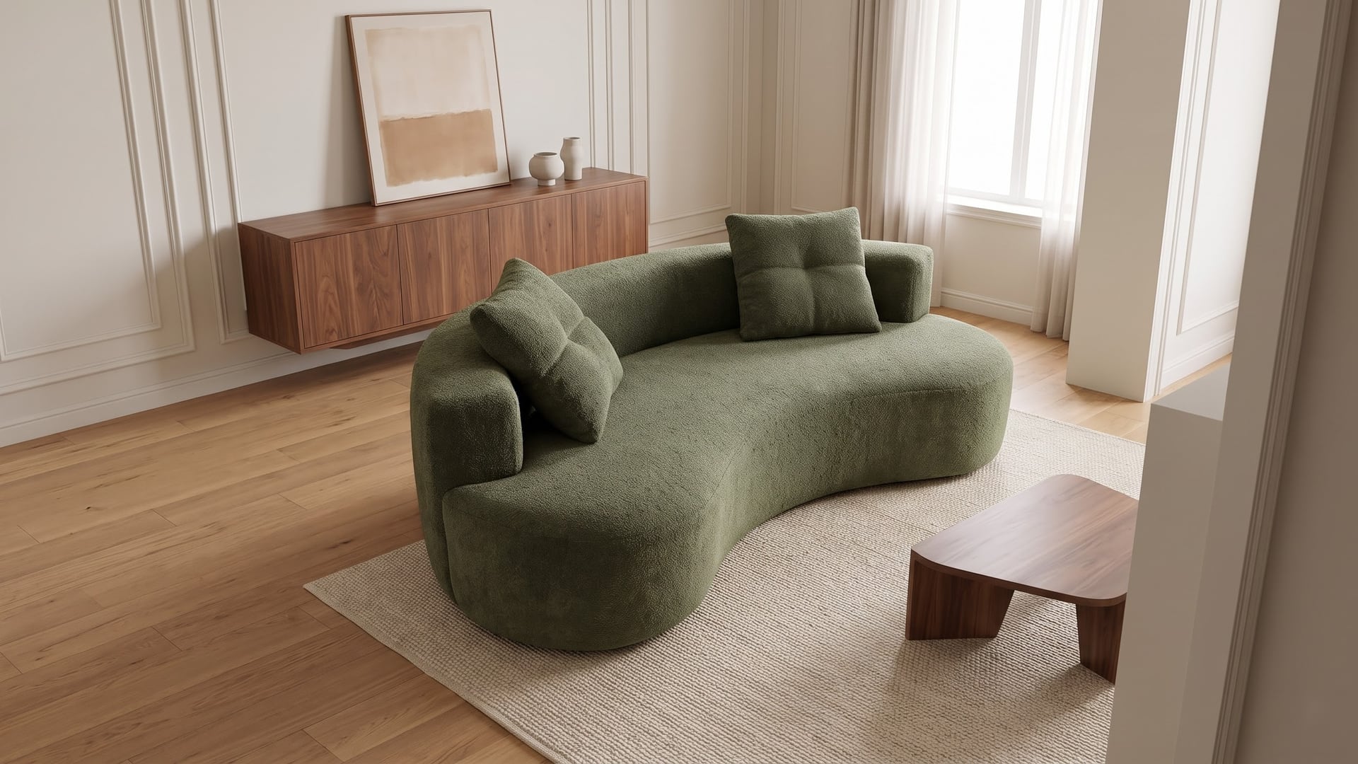 The curved silhouette looks calm because its rug and wood pieces leave the sofa room to read.