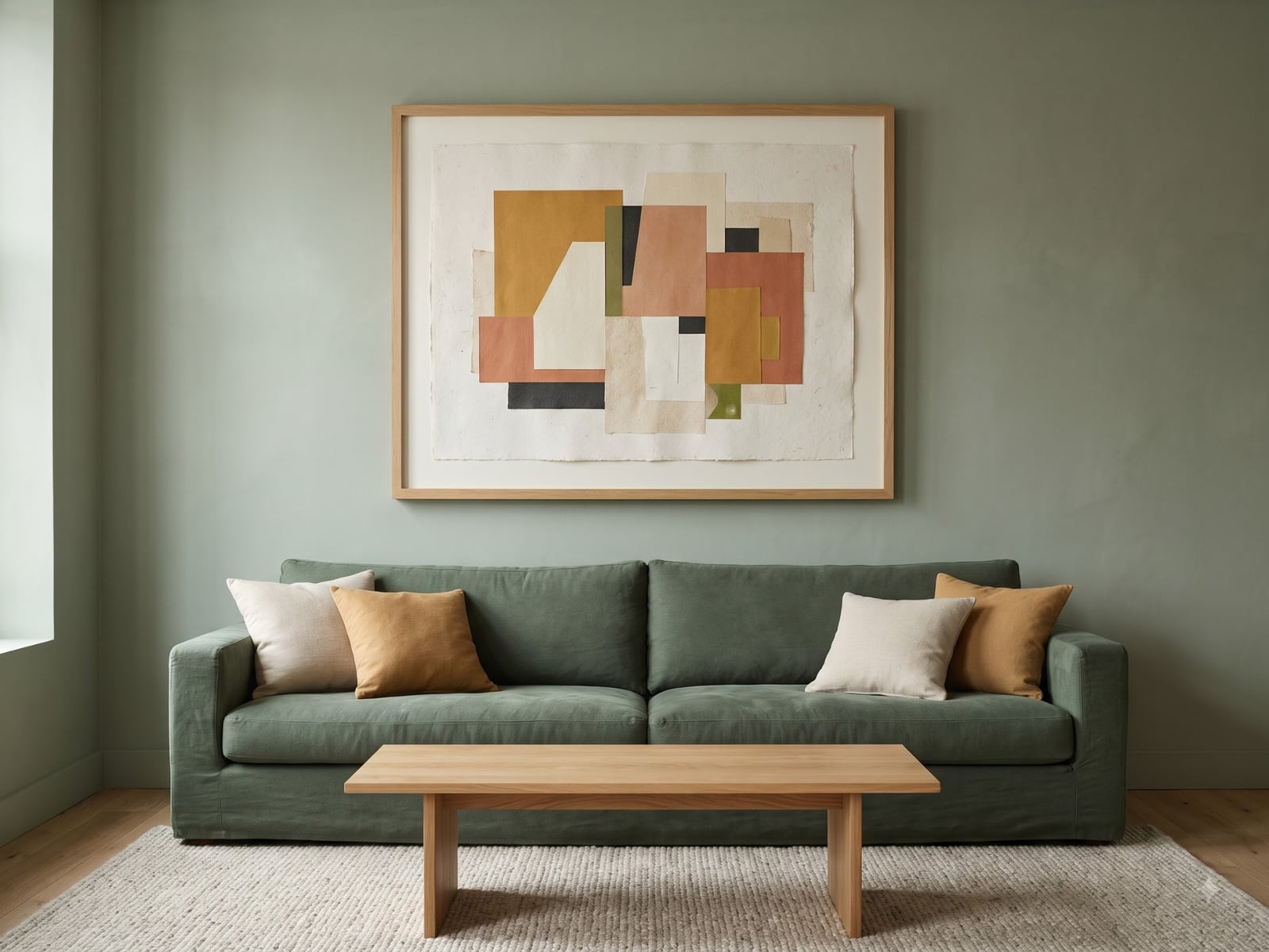 Warm ochre and terracotta bring contrast to the subdued green upholstery.