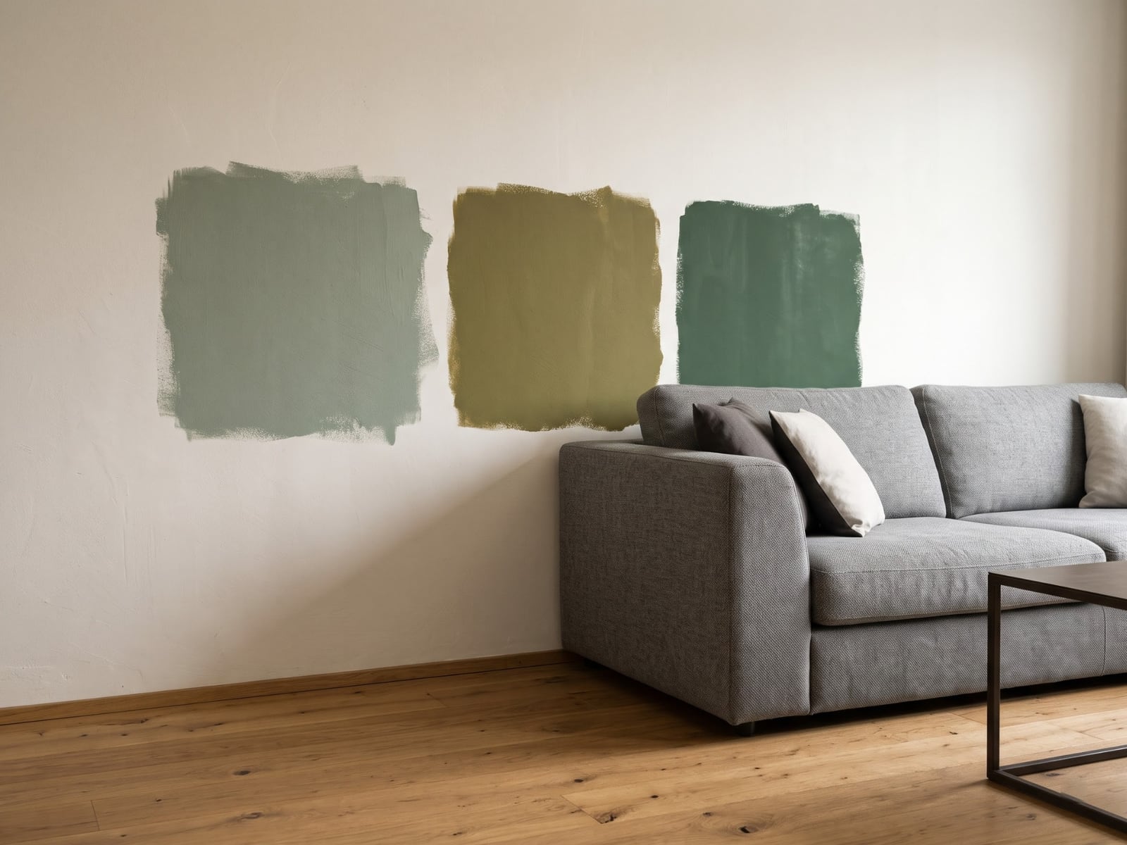 Three painted samples against grey upholstery and oak flooring—an illustrative comparison, not certified paint colours.