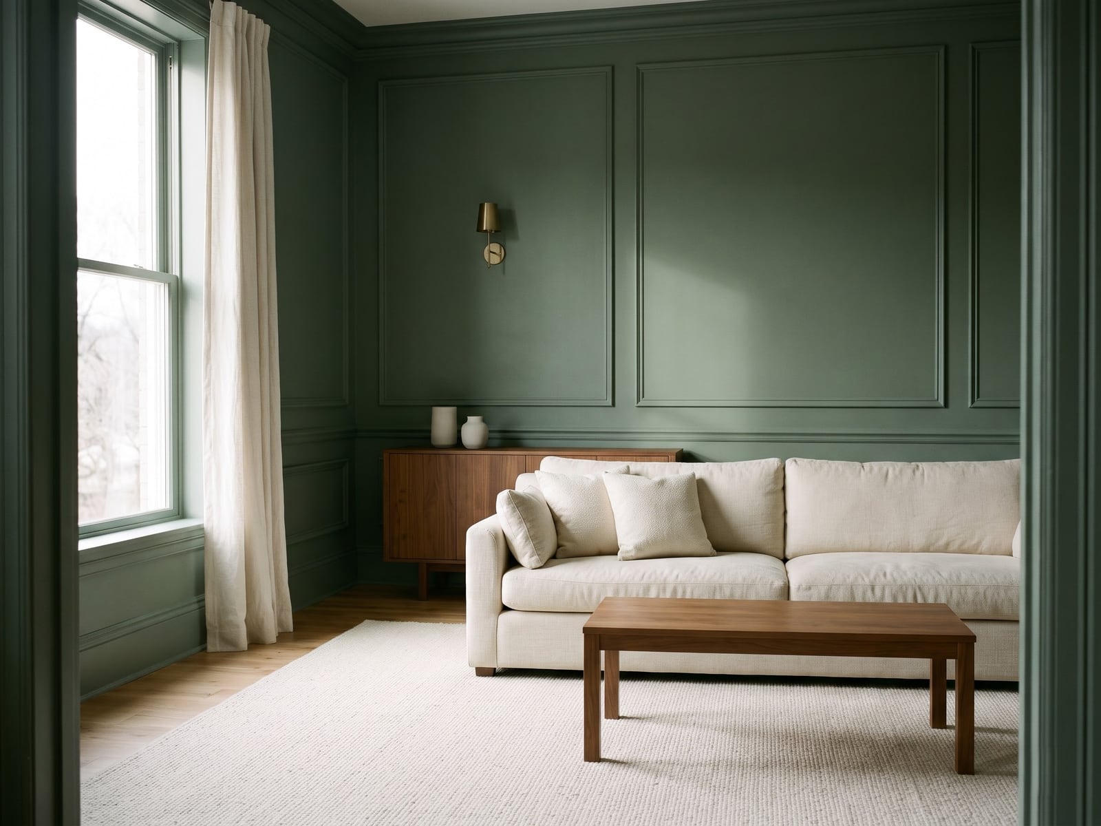 Deep green panelling stands in contrast to warm-neutral upholstery and natural light.