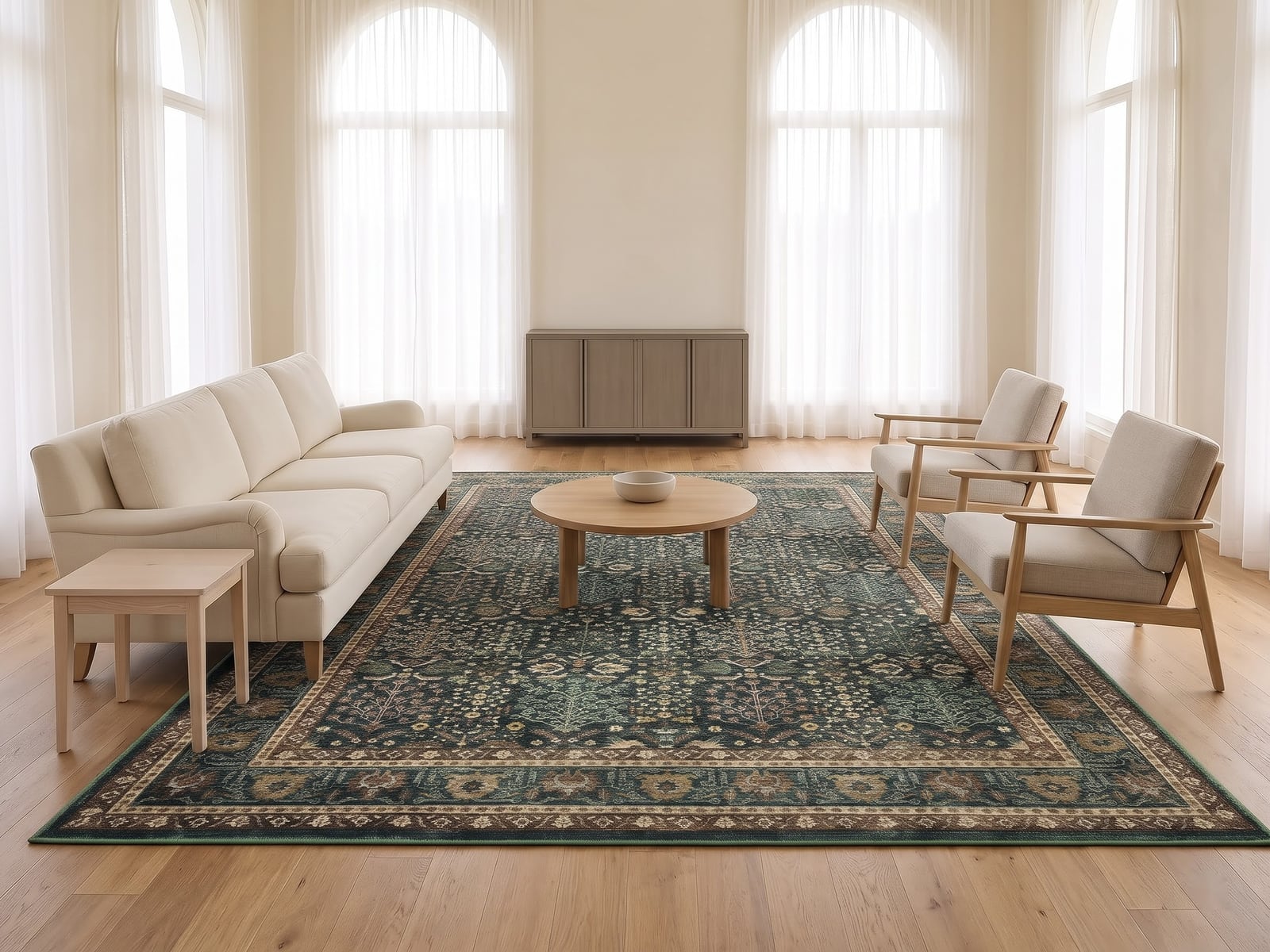 Visible edges and furniture relationships tell you more than a close-cropped rug texture.
