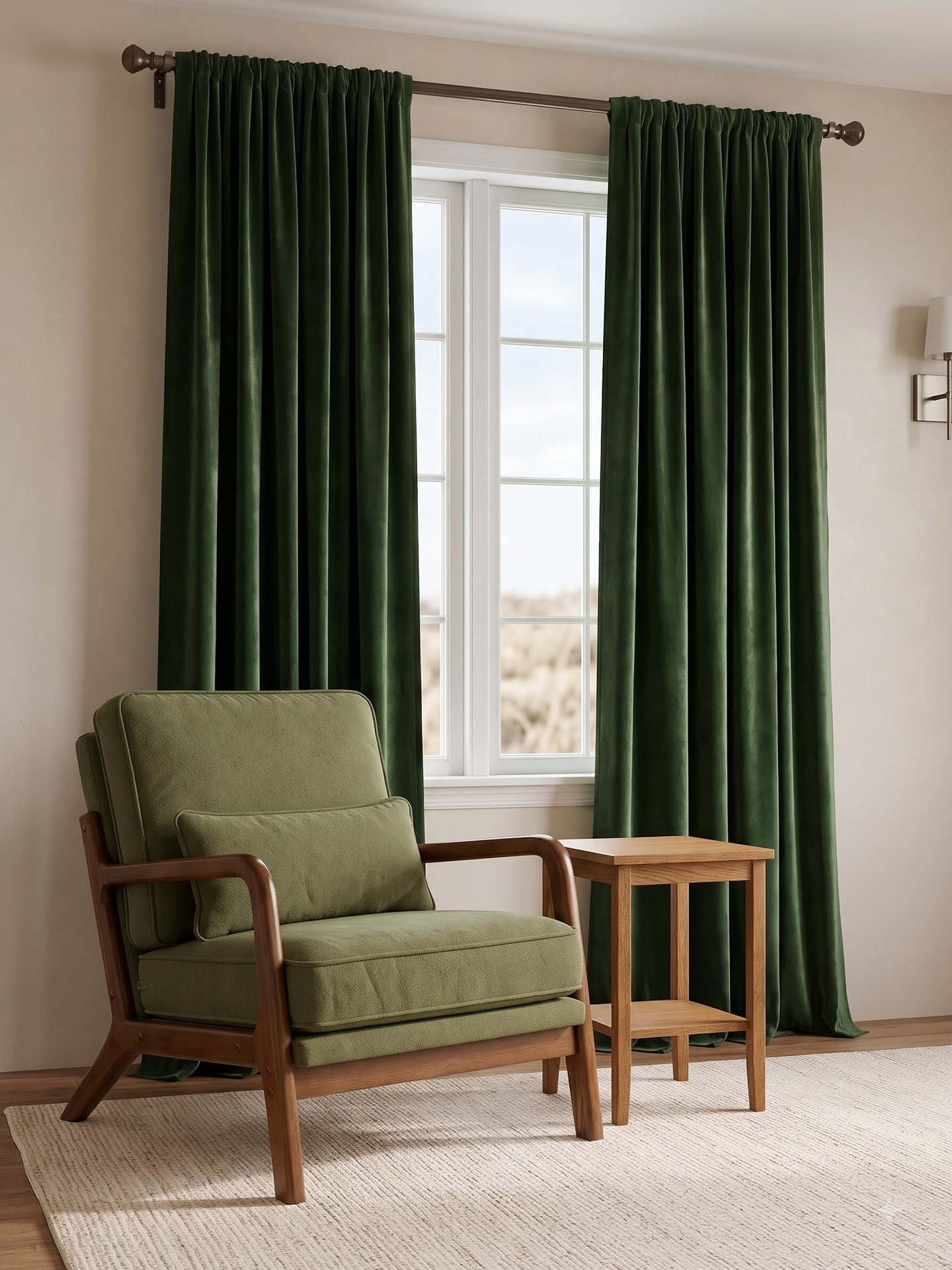 An upholstered chair, a reachable side table and green curtains make the colour feel intentional.