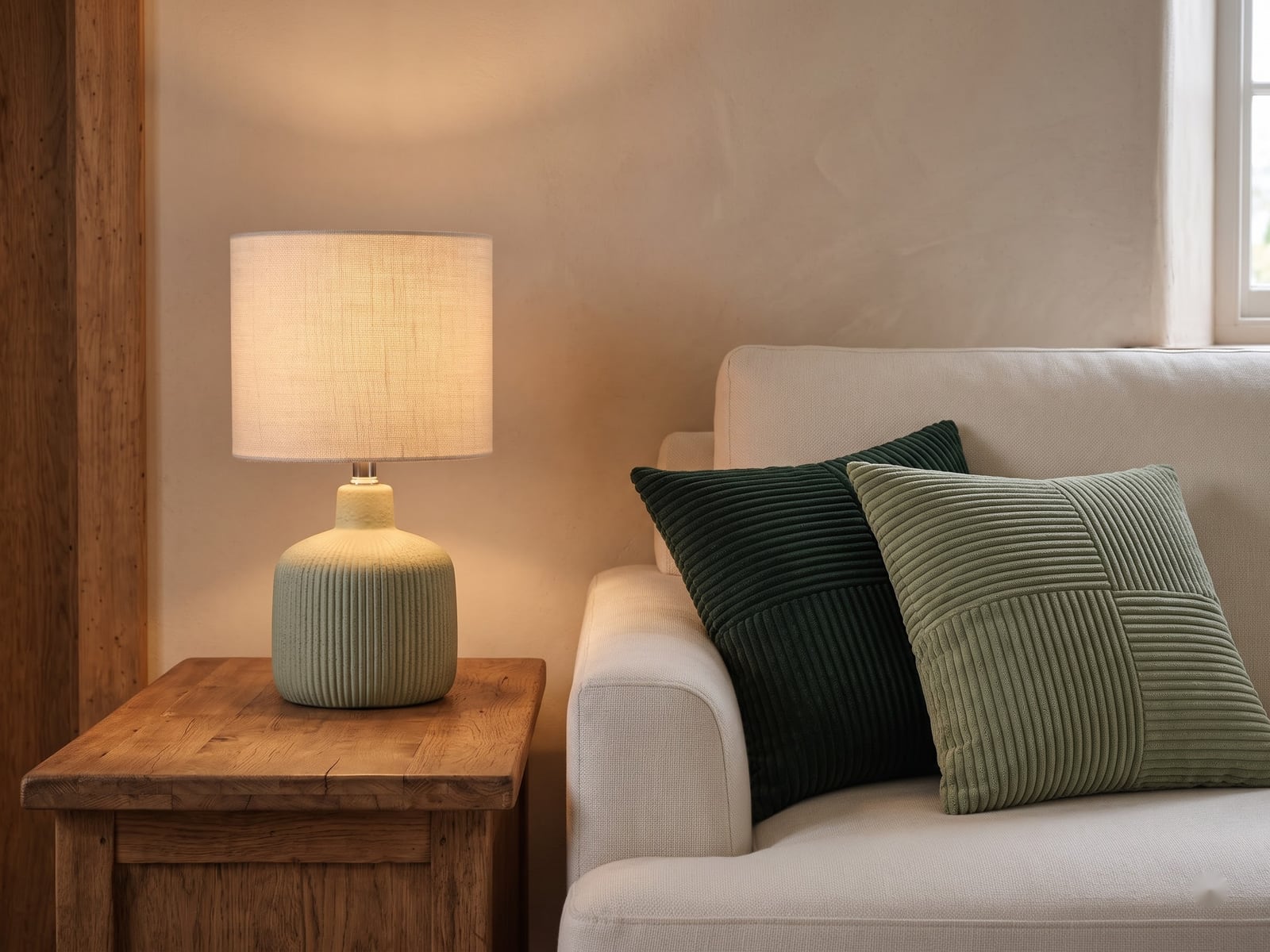 A ribbed celadon lamp and green textured cushions show how a light source shifts the mood.