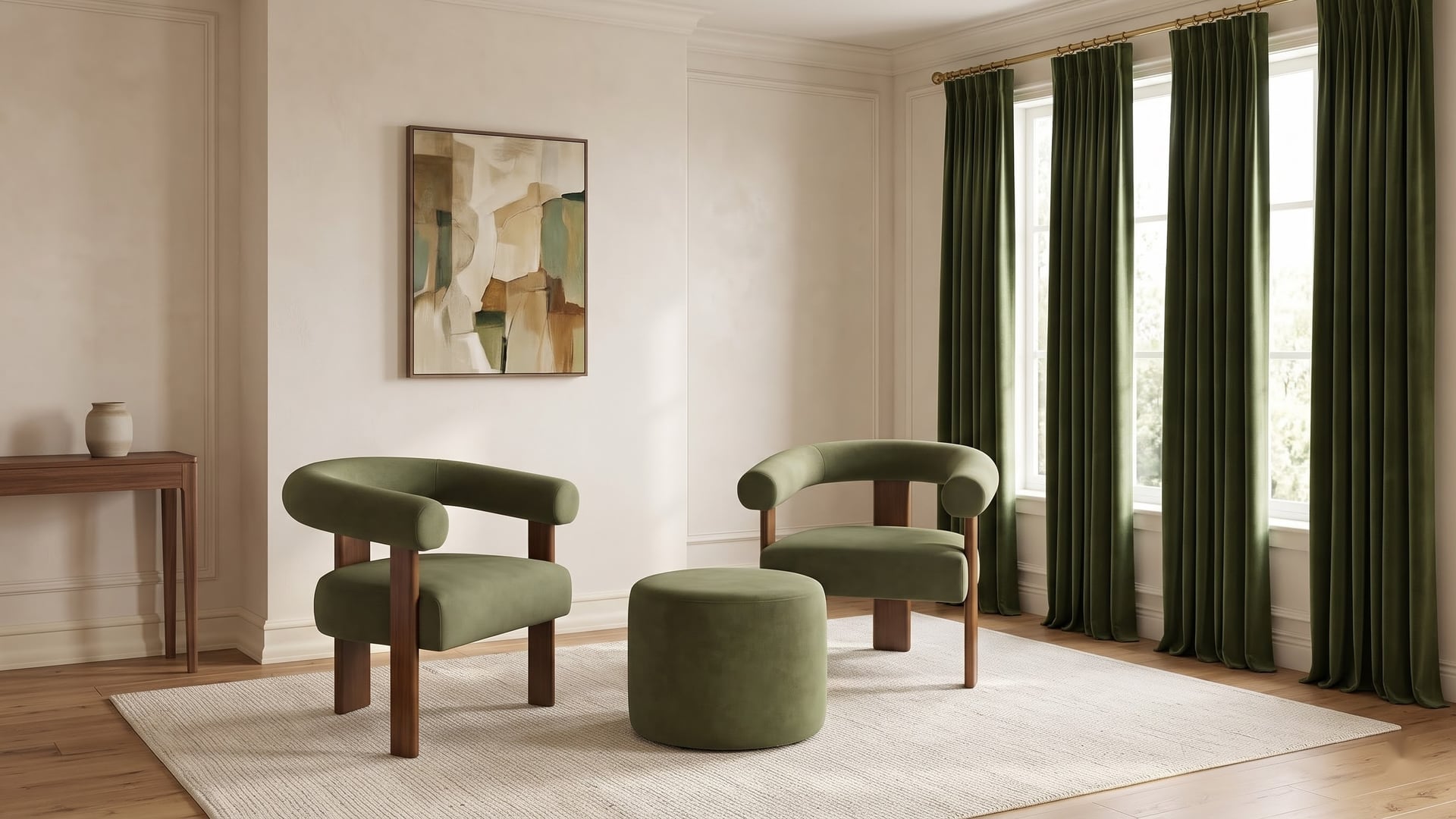 Green living room palette example with cream seating, olive chairs, and patterned rug