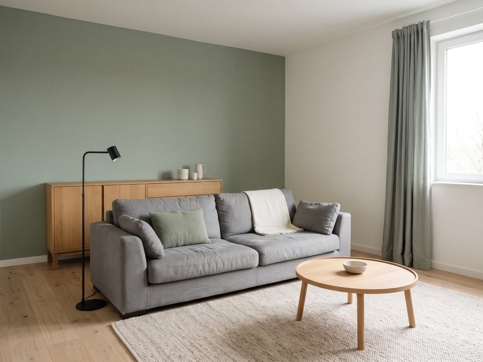 Green living room palette example with gray sofa and sage walls