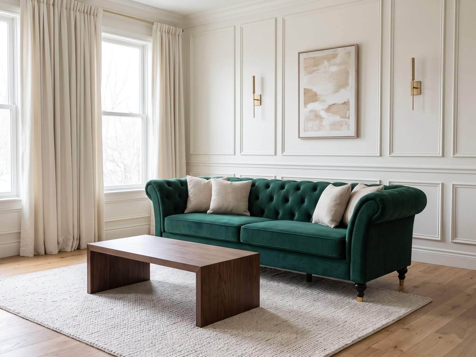 Green living room palette example with green Chesterfield sofa and warm white walls