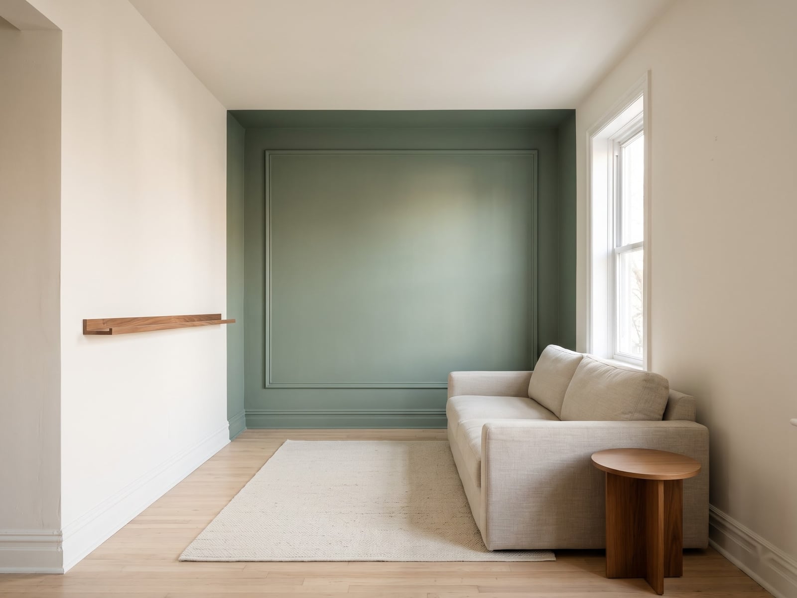 A single green wall creates a point of focus while the surrounding room stays light.