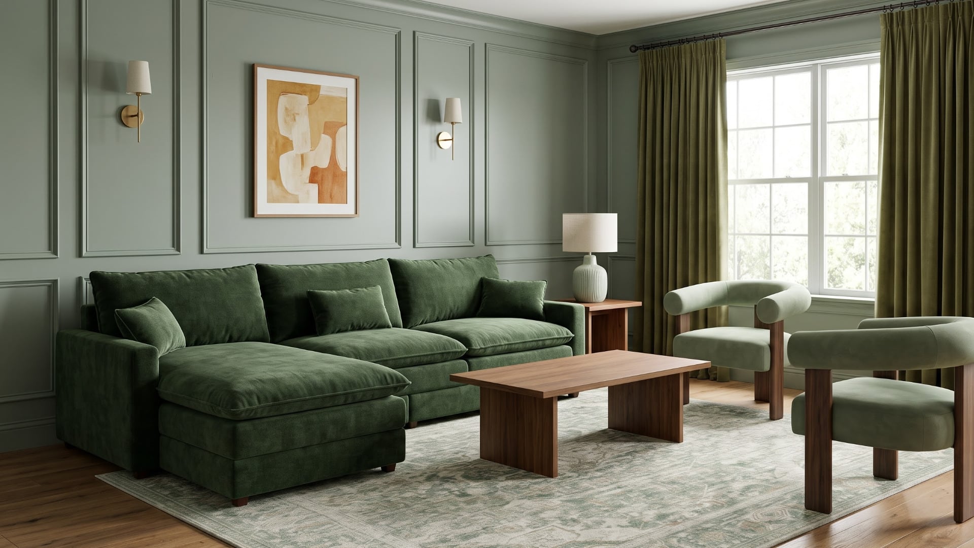 Sage-panelled living room with a green chaise sectional, two matching curved green chairs, a faded sage rug, a celadon table lamp and olive curtains framing a bright window.