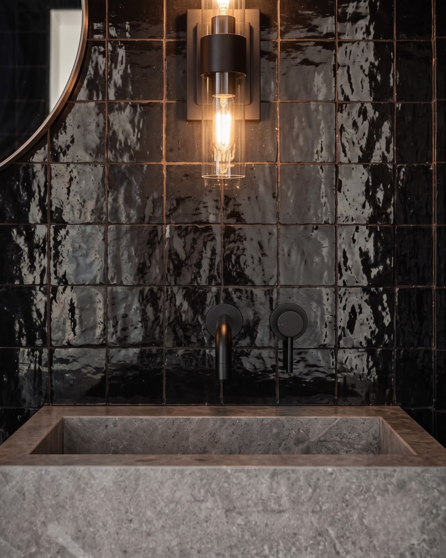 Square-tiled black zellige wall with a rectangular stone basin, matte black faucet, and glowing glass tube sconce.