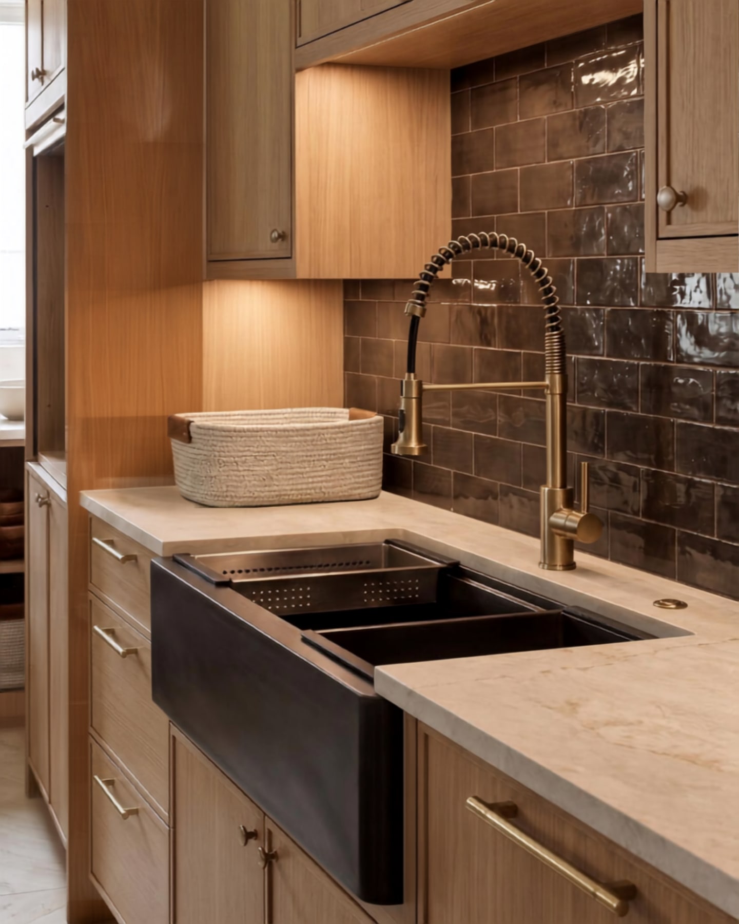 Graphite apron sink with a brass coil-spring faucet, marble counter, oak cabinetry, and glossy brown backsplash tiles.