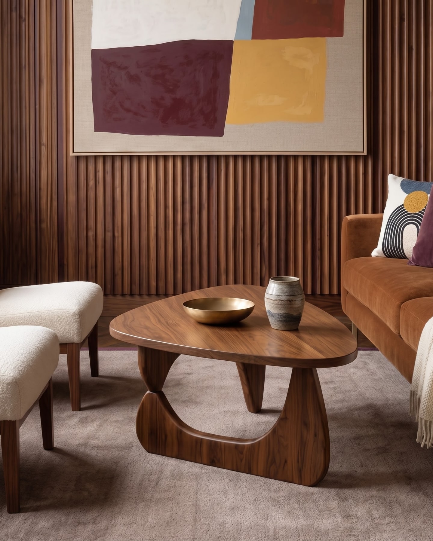 Triangular walnut coffee table with ceramic and brass bowls in front of a rust sofa and ribbed timber wall.