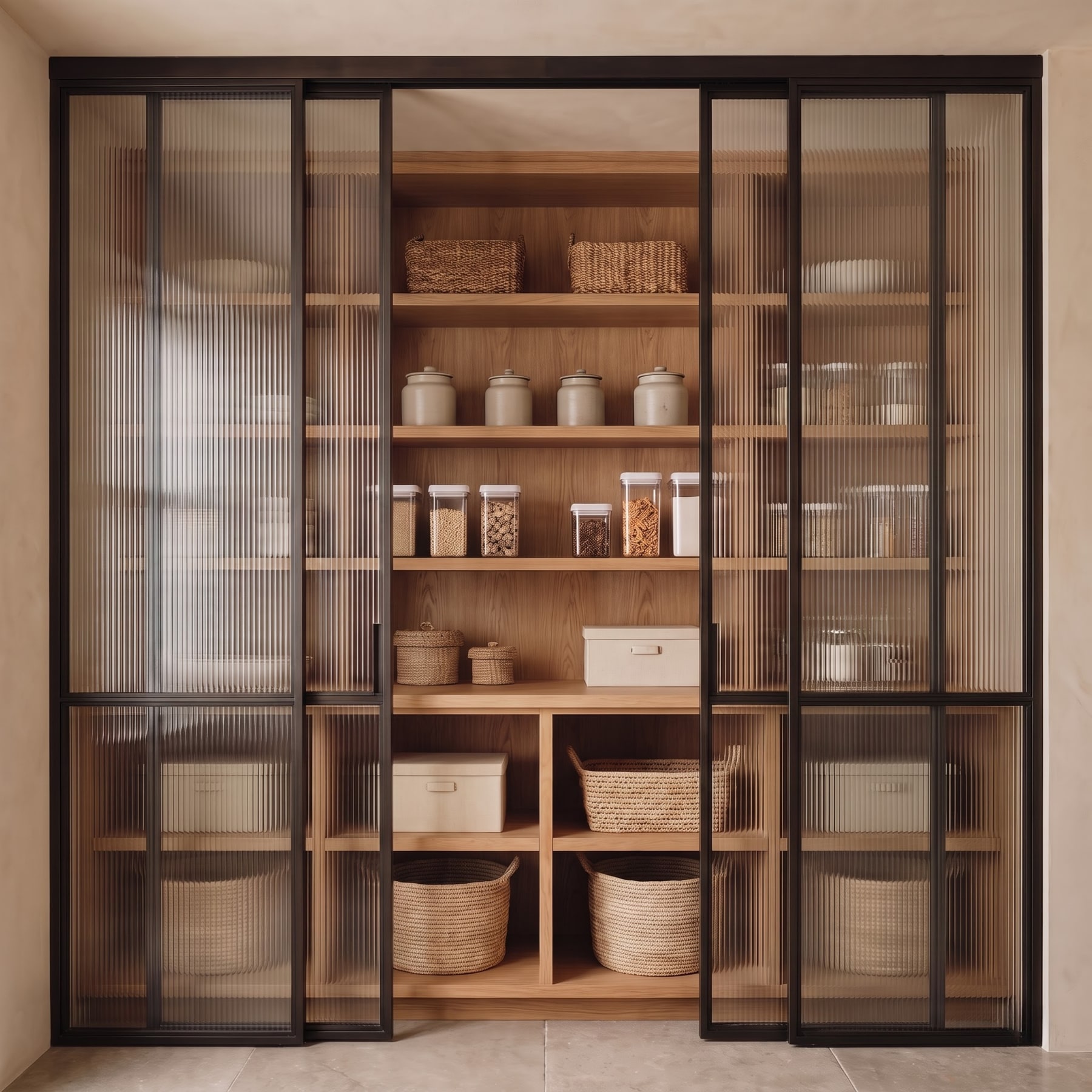 Built-in oak pantry with sliding ribbed glass doors framed in black metal, displaying woven baskets, canisters, and storage boxes.