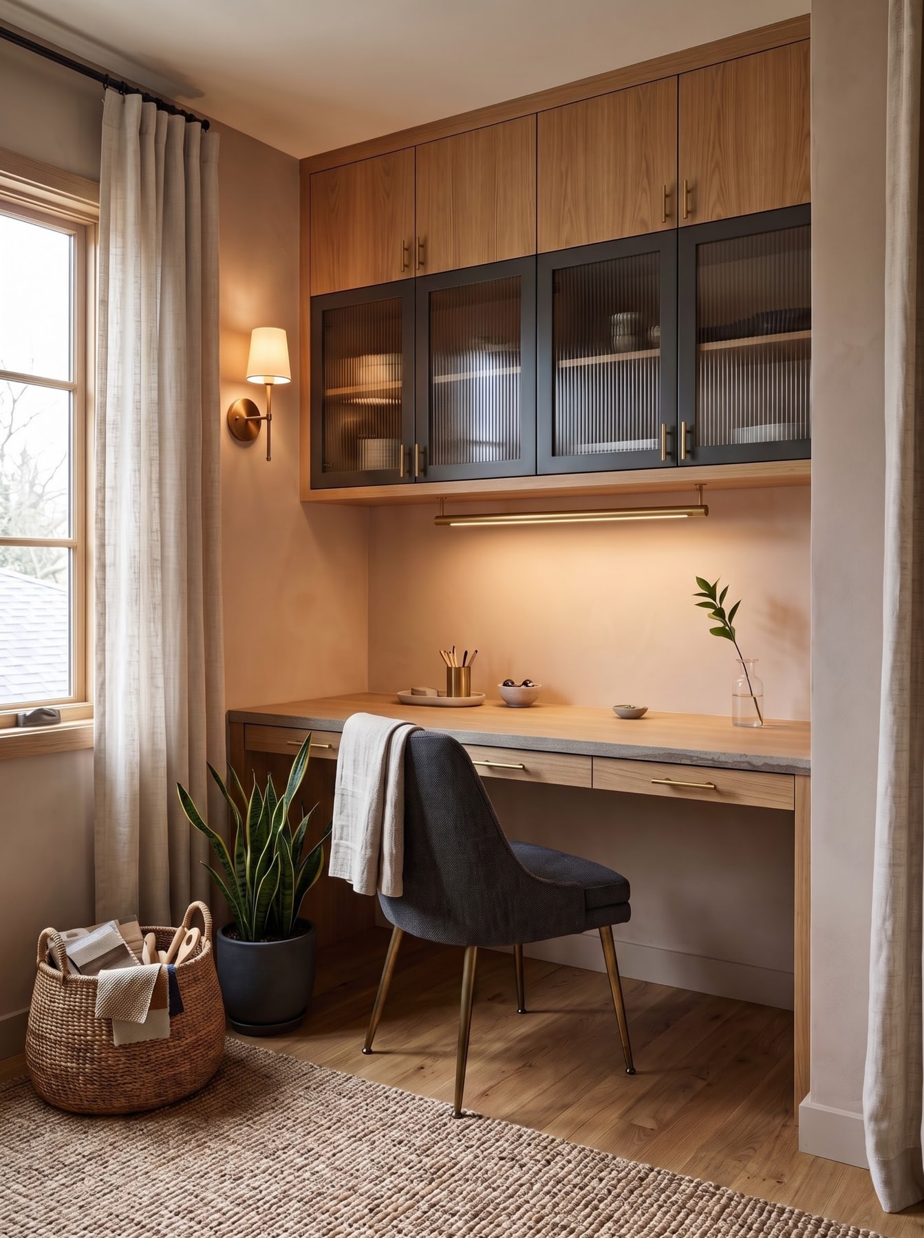 Timber study nook with overhead fluted glass cabinets, brass under-shelf lighting, an upholstered chair, and potted plant beside a window.