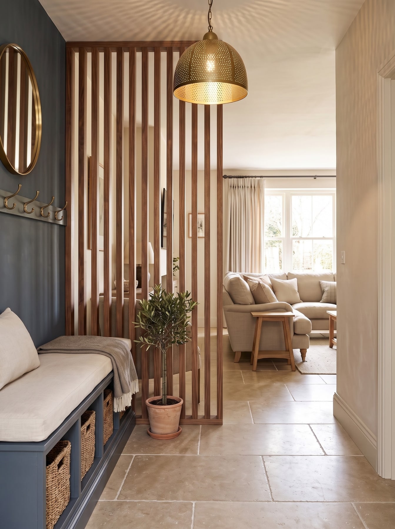 Entryway featuring a vertical timber slat screen, blue storage bench with woven baskets, brass pendant light, and living room beyond.