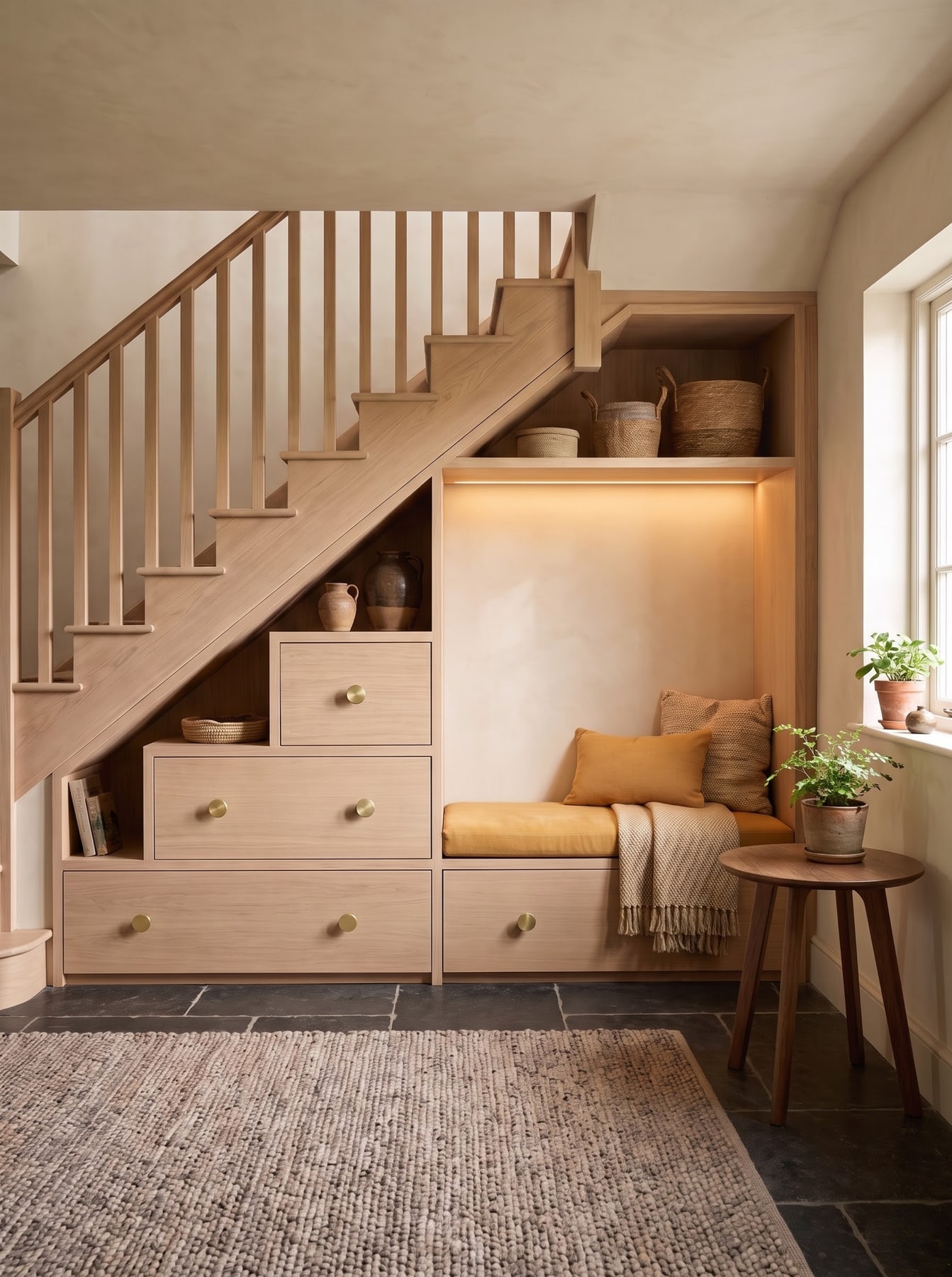 Light oak staircase with custom under-stair stepped drawers, brass knobs, and an illuminated cushioned reading nook bench.
