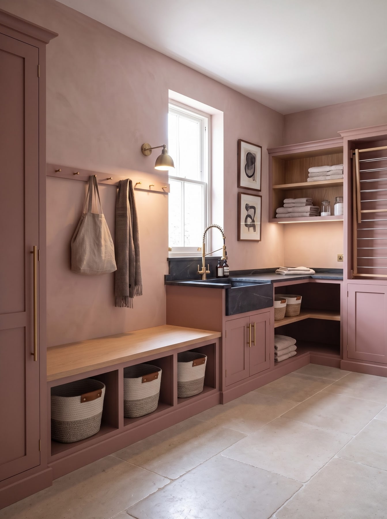 Dusty rose utility room with matching built-in cabinetry, dark stone sink, oak-topped storage bench, and brass wall sconce.