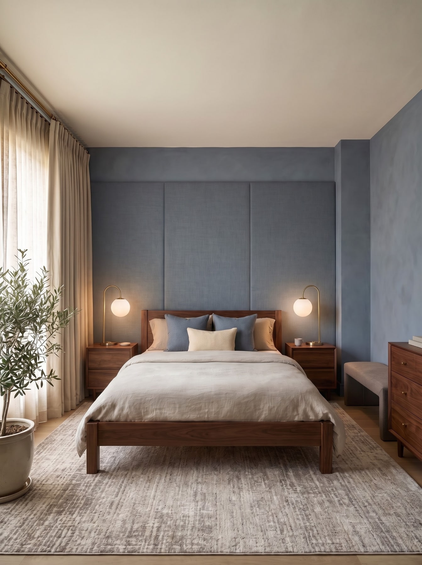 Smoky blue bedroom with upholstered wall panels, walnut platform bed, brass globe nightstand lamps, and potted indoor tree.