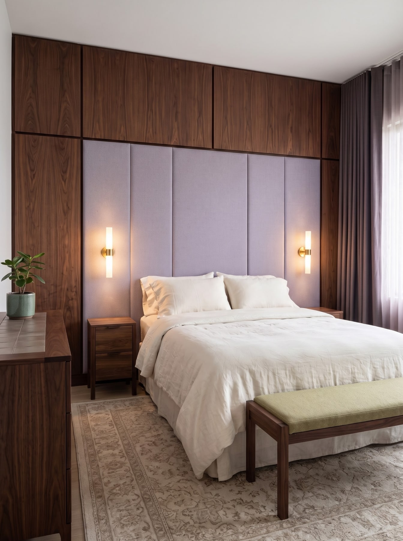 Bedroom with dark walnut cabinetry framing a lilac upholstered headboard wall, vertical brass sconces, and an olive-green bench.