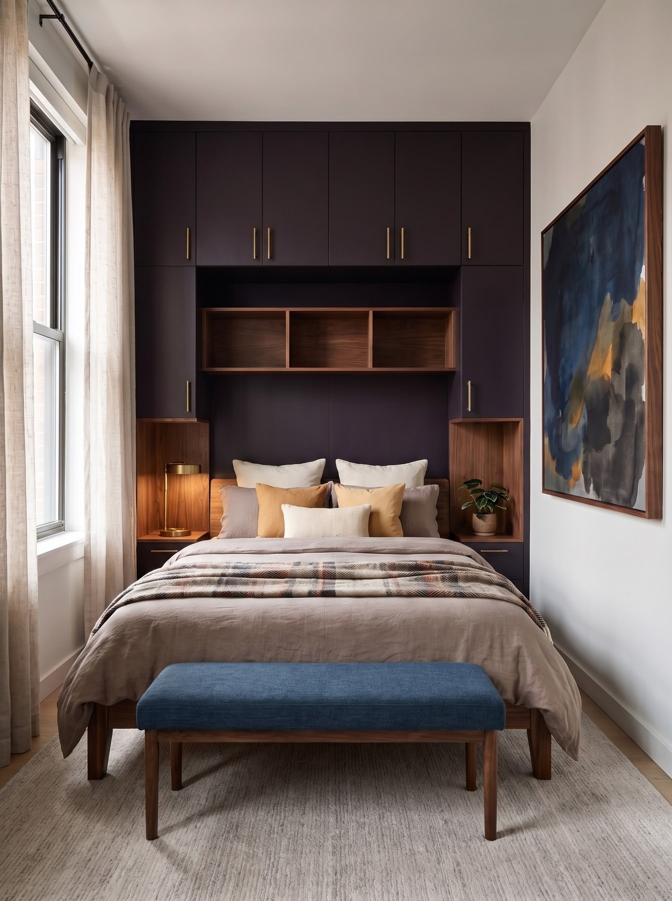 Bed recessed into deep purple built-in cabinetry with walnut open display shelving, bedside niches, and a blue bench.