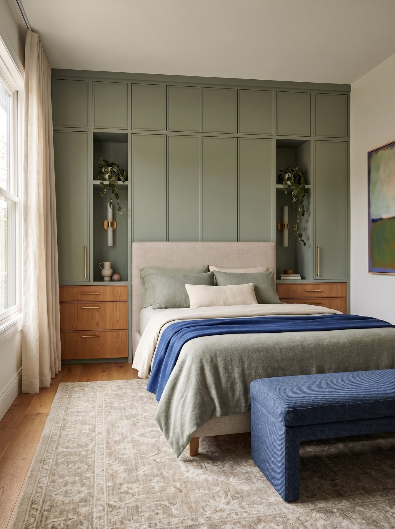Sage green built-in wardrobe wall framing a bed with integrated bedside niches, walnut drawers, and a cobalt blue bench.