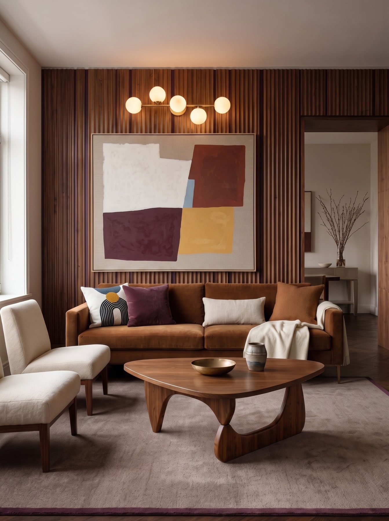 Living room with vertical walnut slatted wall, rust-colored sofa, sculptural wood coffee table, and cream armchairs under a five-globe brass light.