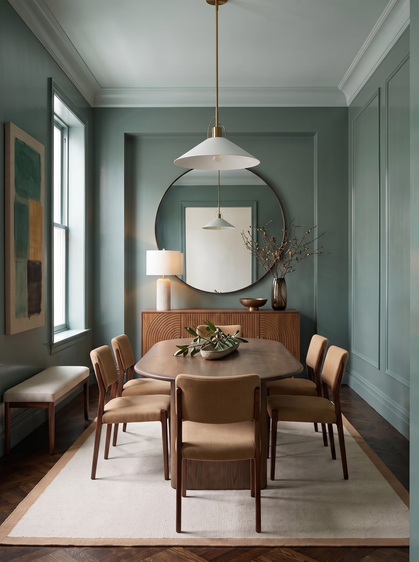 Sage green paneled dining room with large round mirror, curved timber credenza, oval dining table, and white pendant light.