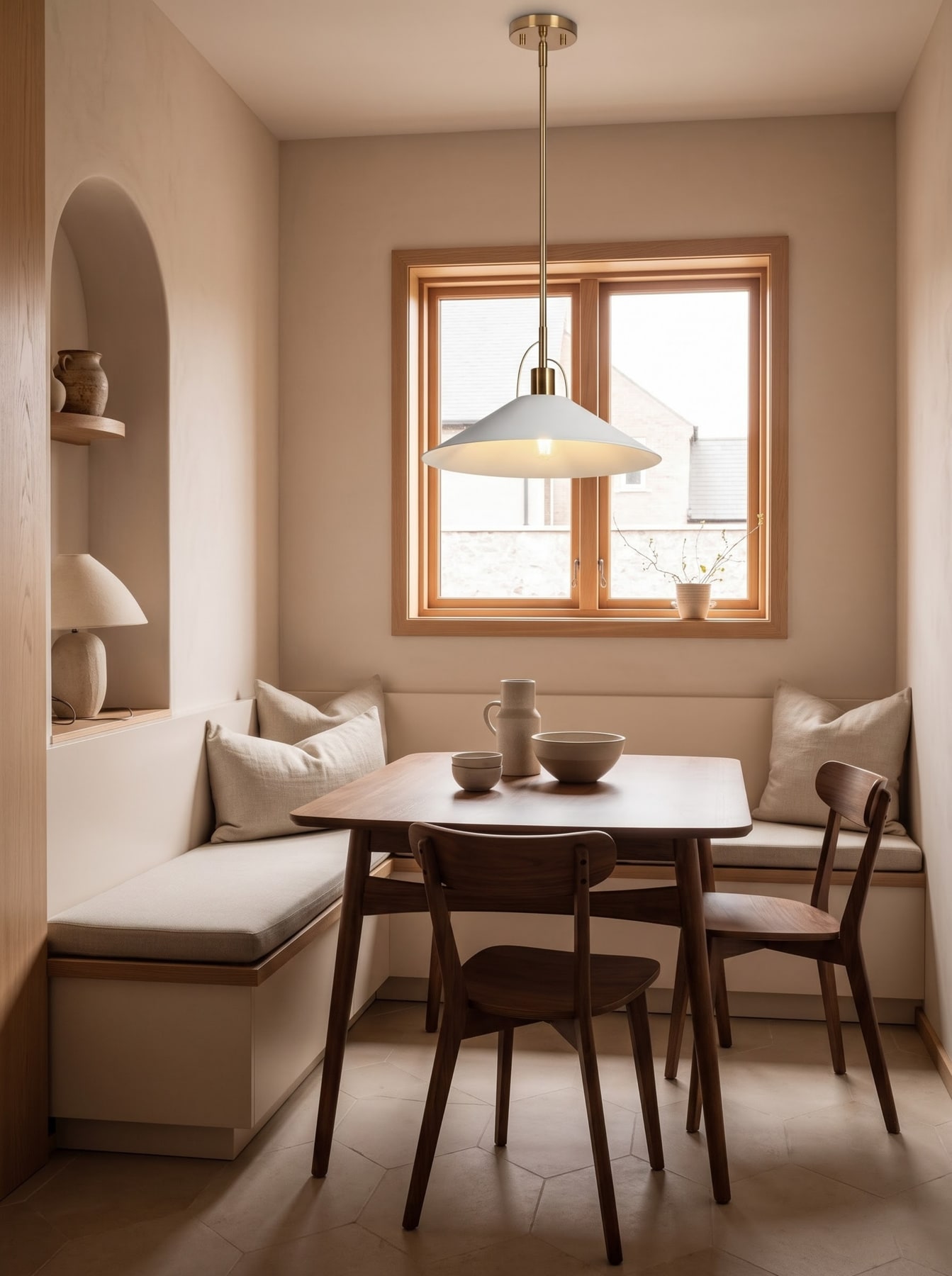 Sunlit dining nook with built-in corner banquette seating, wooden table and chairs, arched display niche, and conical pendant lamp.