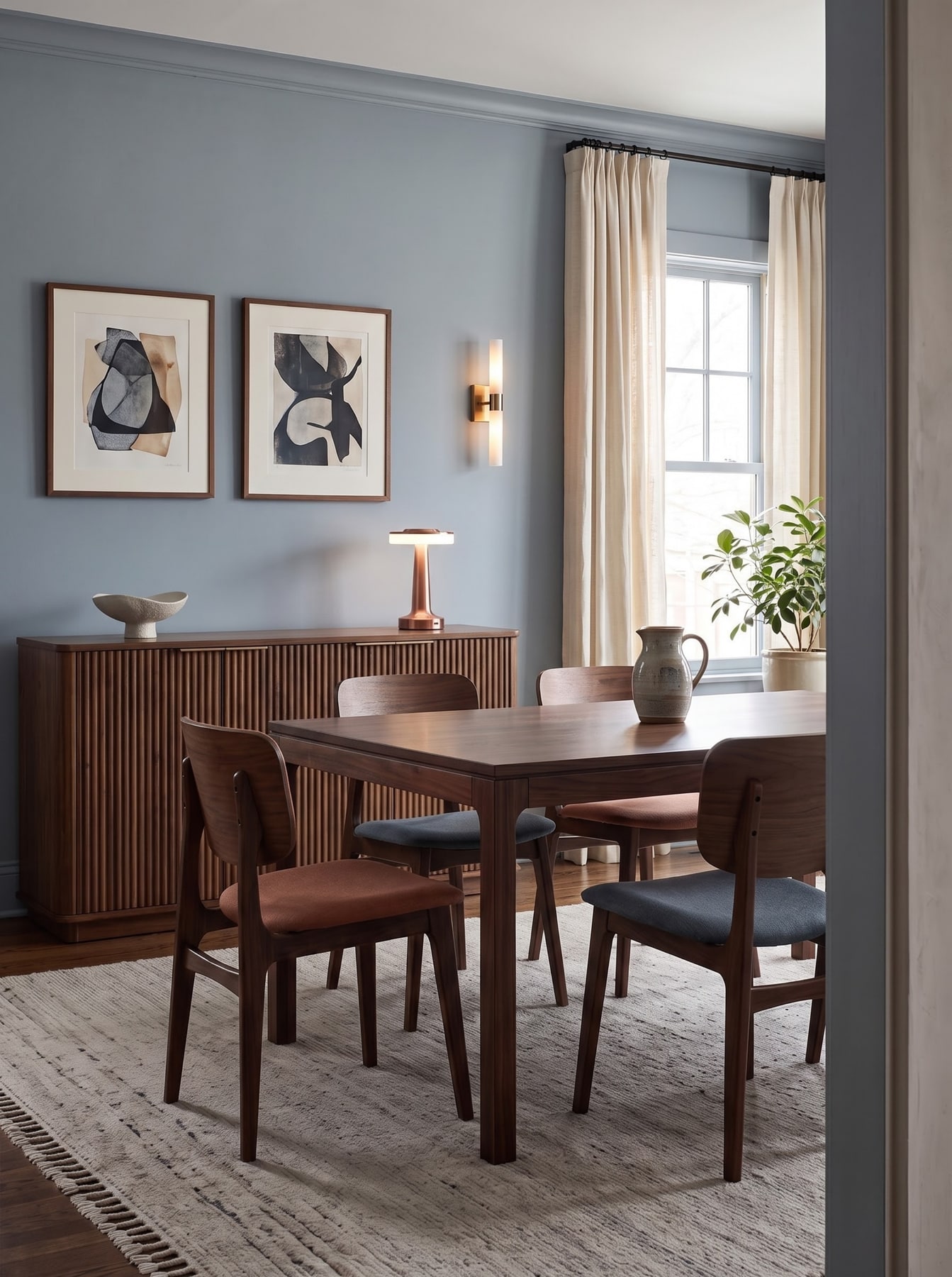 Slate-blue dining room with walnut table, two-tone upholstered chairs, fluted wooden credenza, framed prints, and sheer linen curtains.
