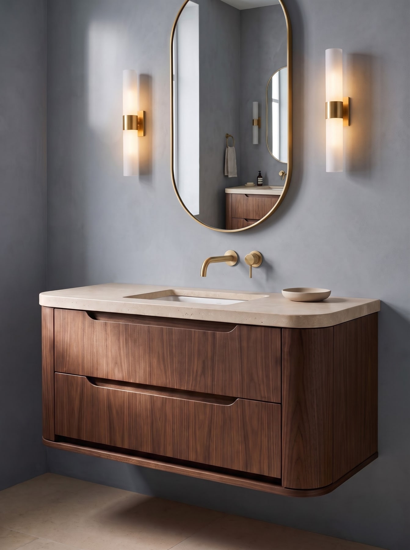 Floating curved walnut vanity with stone top, wall-mounted brass tapware, pill-shaped mirror, and twin glowing cylinder sconces.