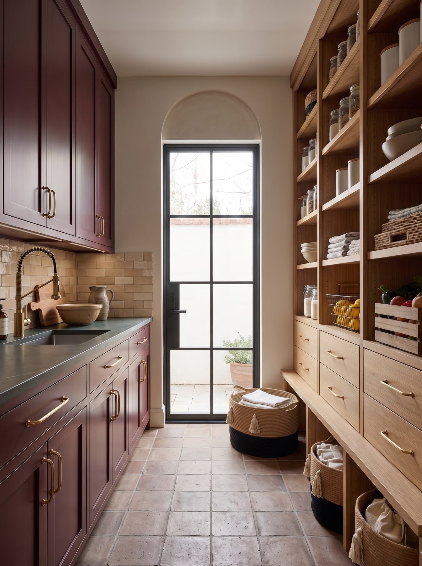 Pantry with burgundy cabinets, open oak shelving, terracotta tiled floor, and an arched steel-framed glass garden door.