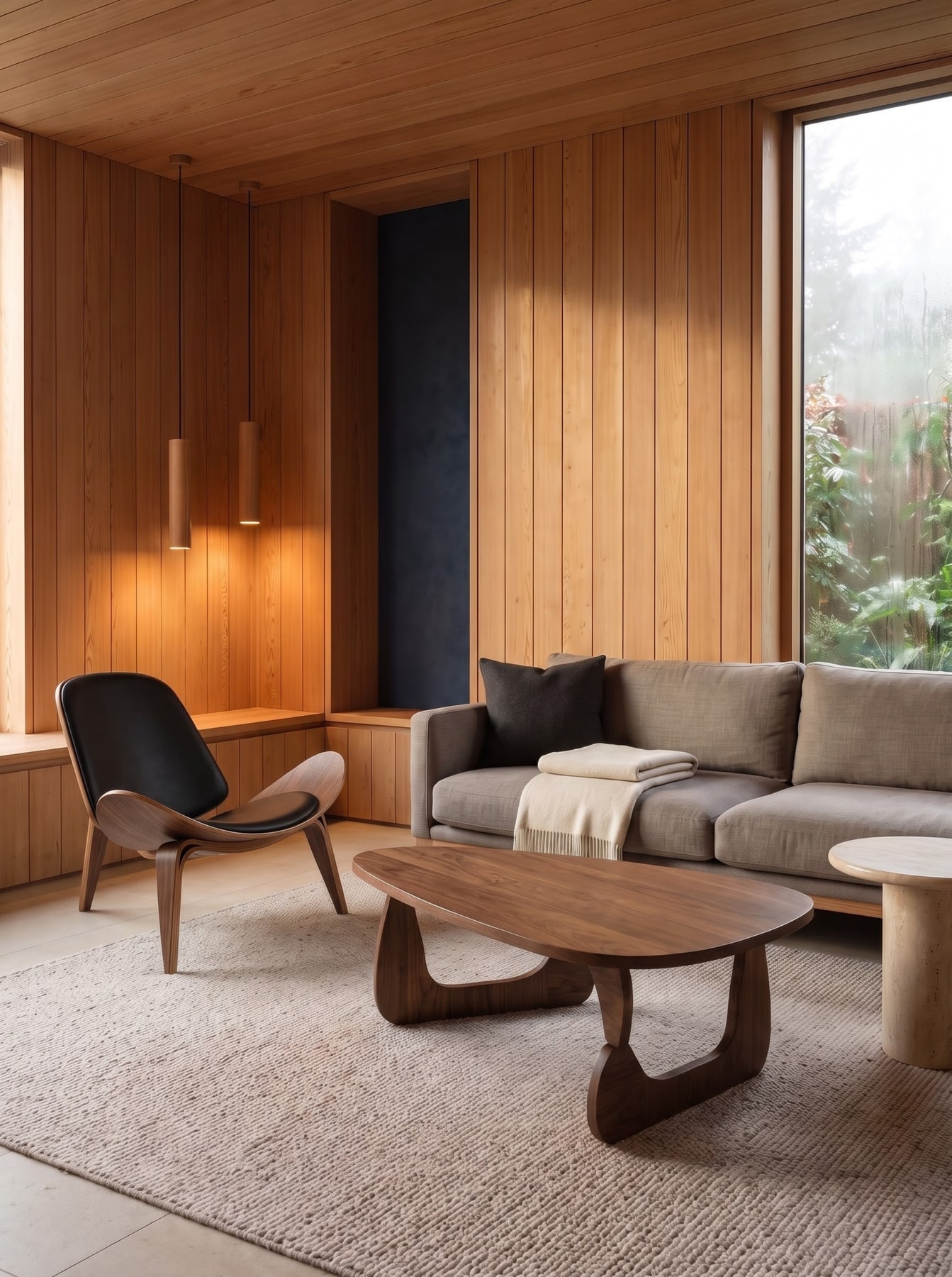Timber-paneled living room with a grey sofa, sculptural wooden coffee table, and mid-century leather accent chair overlooking lush greenery.