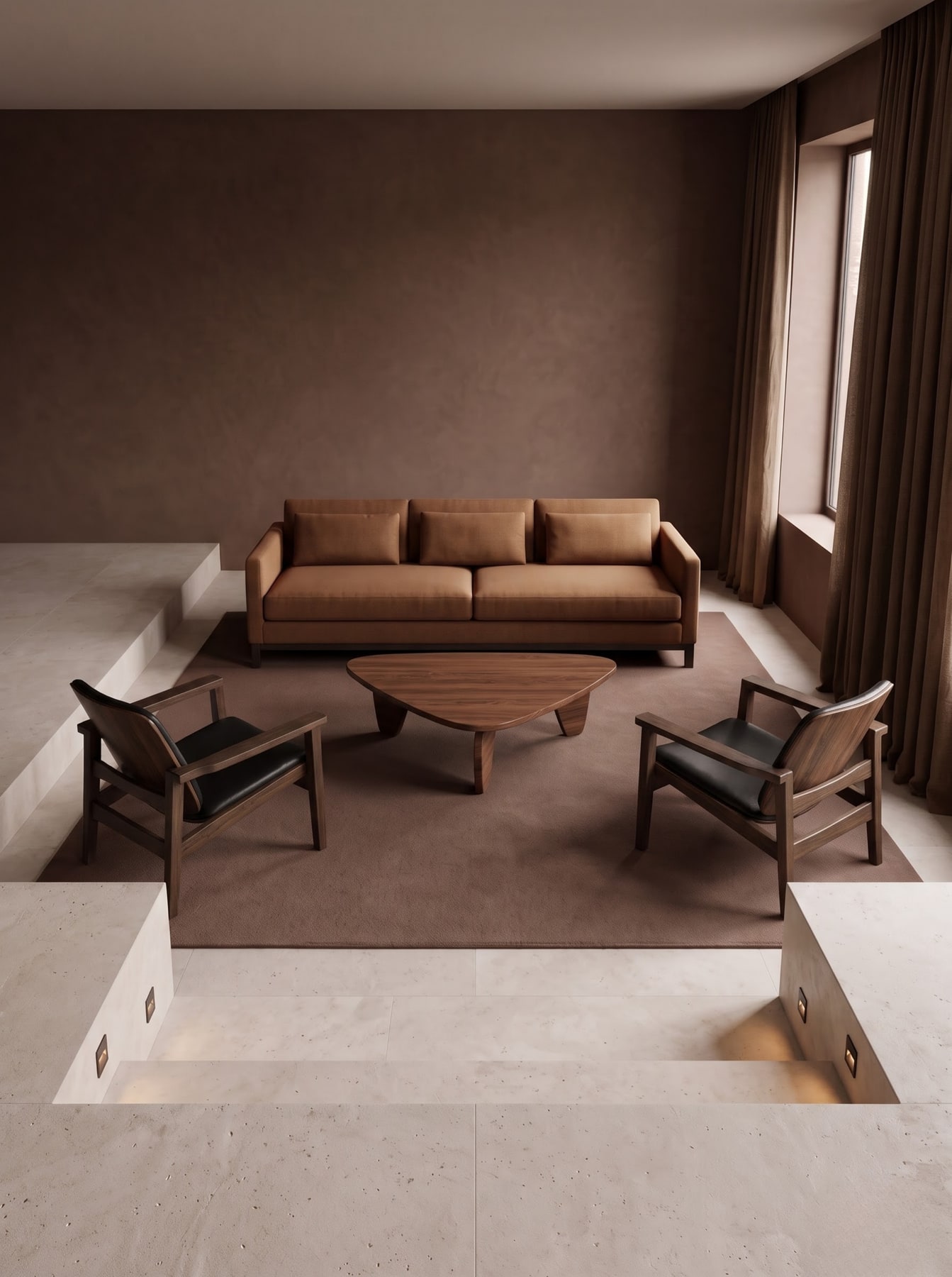 Sunken conversation pit with chocolate-brown walls, camel sofa, triangular wooden coffee table, and two dark-wood armchairs on a brown rug.
