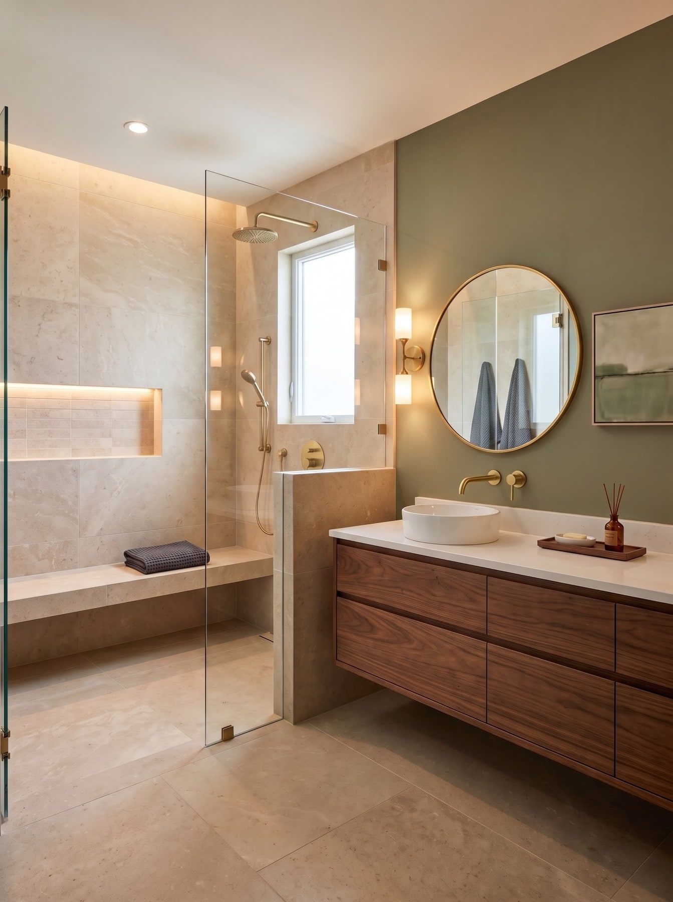 Curbless walk-in shower with integrated stone bench, sage-green accent wall, floating walnut vanity, and round gold mirror.