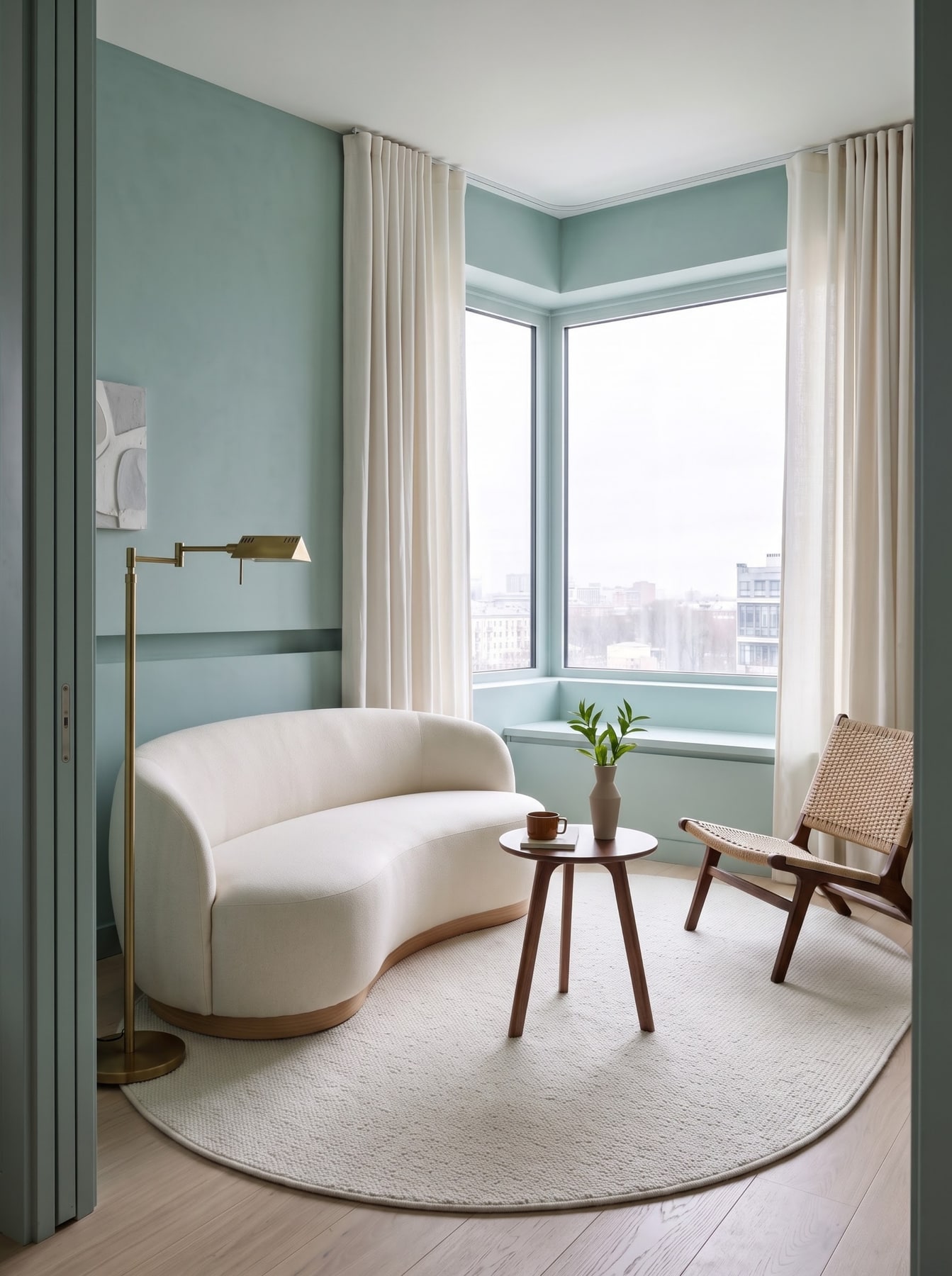 Seafoam-green sitting area with curved cream sofa, woven cane lounge chair, small round table, and floor-to-ceiling corner windows.
